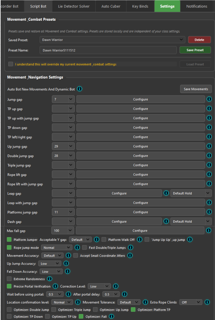 Settings movement tab